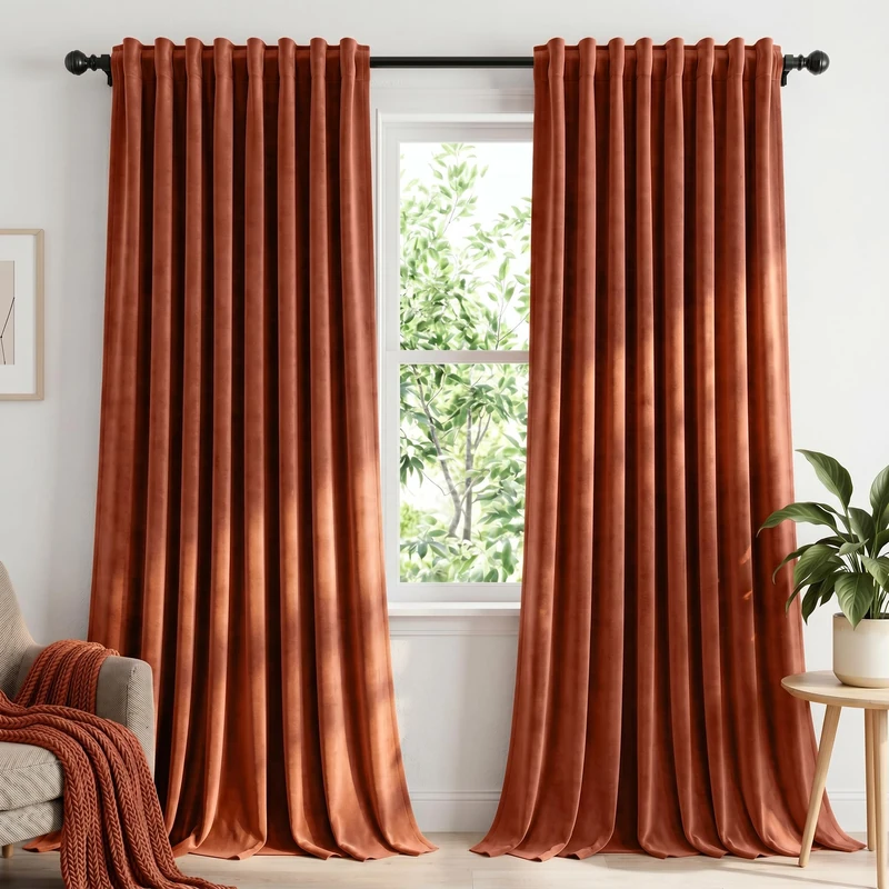 Dchola Burnt Orange Velvet Curtains for Bedroom Window with Back Tab, Super Soft Vintage Luxury Heavy Drapes, Room Darkening Thermal Insulated Curtain for Living Room, W52 by L120 inches, 2 Panels