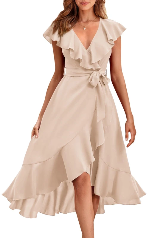 RETTYGARDEN Women's 2025 Summer Cross Midi Dress Casual Boho Deep V Neck Short Sleeve Ruffle Hem Split Beach Long Dresses, Apricot, L - Image 1