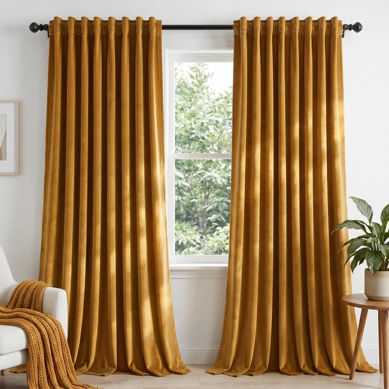 Dchola Mustard Yellow Velvet Curtains for Bedroom Window with Back Tab, Super Soft Vintage Luxury Heavy Drapes, Room Darkening Thermal Insulated Curtain for Living Room, W52 by L84 inches, 2 Panels