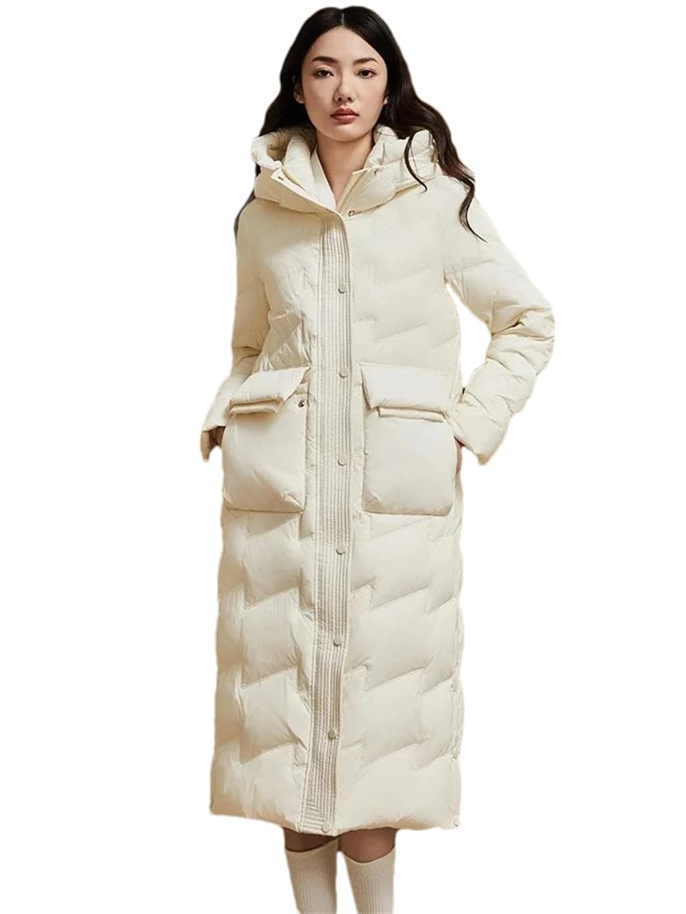 Adhdyuud Women's Winter Mid Length Puffer Coat Casual Stand Collar Knee Thick Warm White Duck Down Jacket Beige L