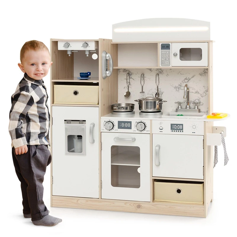 GYMAX Kids Play Kitchen, Wooden Pretend Play Kitchen with Adjustable LED Lights, Coffee Maker, Ice Maker, Removable Storage Bins & 19 Accessories, Toy Kitchen Playset for Boys Girls