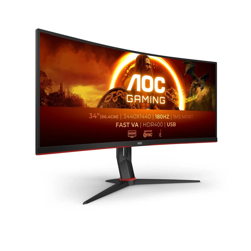 AOC CU34G2XP/BK 34 inch UW-QHD Gaming Monitor Curved, 180Hz, Fast VA Panel, 1ms MPRT, Adaptive Sync, HDR400, FreeSync Premium, (3440x1440 HDMI 2x 2.0 DP 2x 1.4 USB Hub) Black/Red