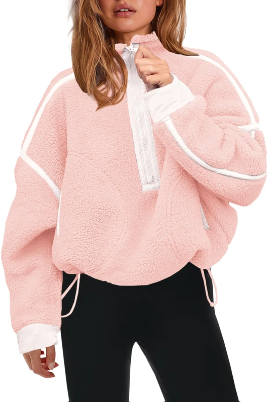 Panadila Womens Half Zip Sherpa Fleece Pullover - Light Pink
