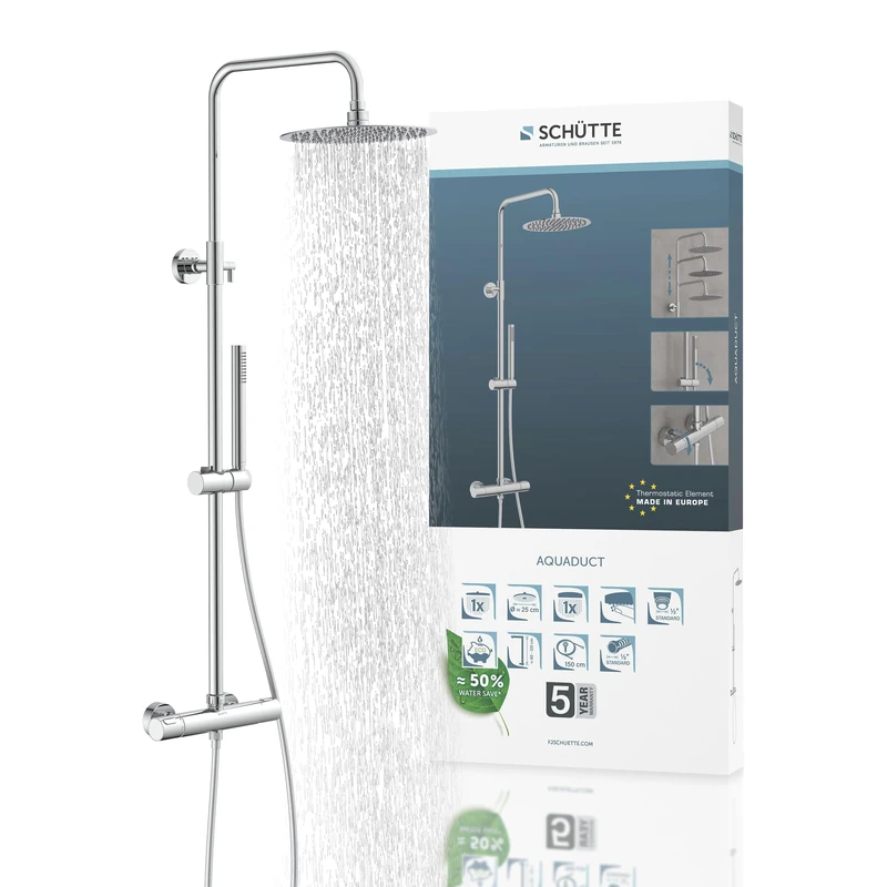 Schütte Aquaduct 60044 System with Thermostat, Large Rain (Diameter 25 cm) and Adjustable Hand Set Rail, Fitting, Column Shower Panel, Chrome, Brass, rund