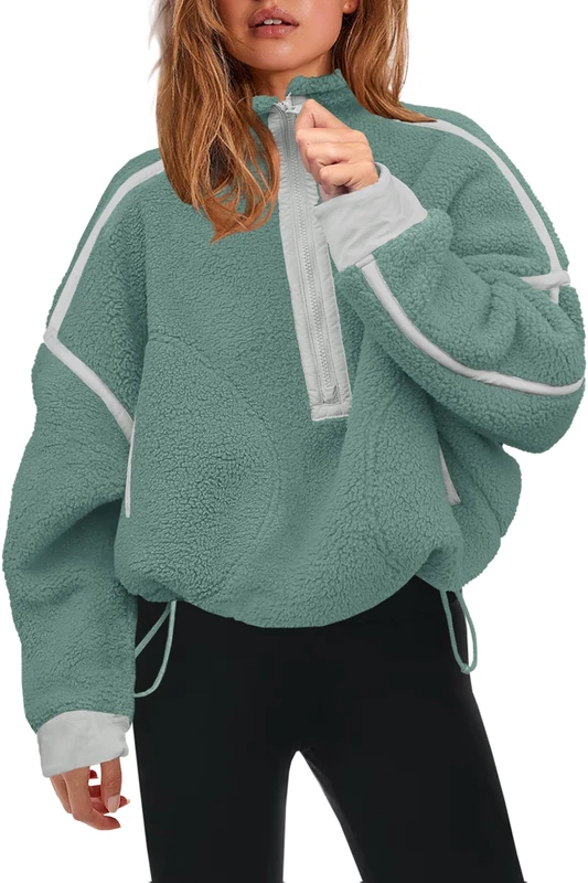 Panadila Womens Half Zip Sherpa Fleece Pullover Soft Oversized Sweatshirt with Pockets Warm Fuzzy Sweater, Sage, Large
