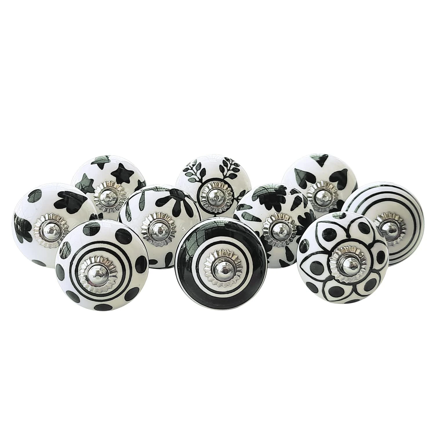 Royal Kraft Vintage Black Hand Painted Ceramic Pull Knobs for Kitchen Cabinet, Door & Drawer, Wardrobe, Cupboard (10 Designs x 2 pcs = 20 knobs) Sknob010_20