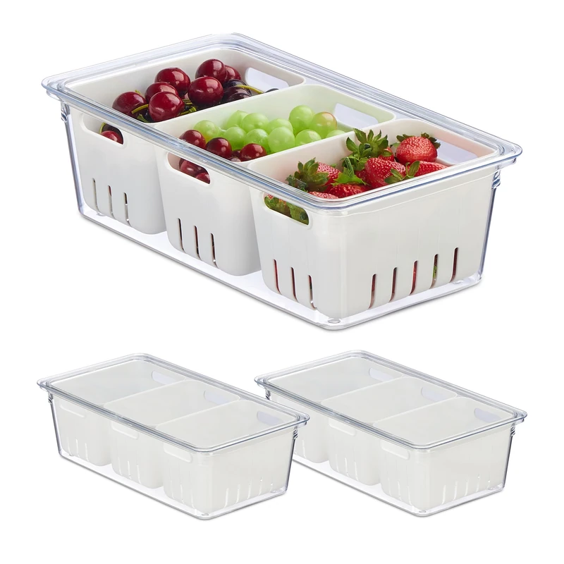 Relaxdays 3X Fridge, Stackable, 3 Draining Baskets, Food Organiser, Lid, 10 x 32 x 17.5 cm, Transparent/White