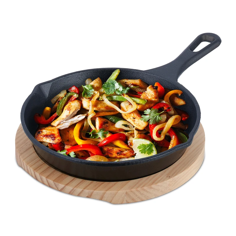 Relaxdays Cast Iron Pan, Wooden Trivet, Serving Skillet Round, for Stove & Grill, Barbecue Frypan, Ø 20 cm, Anthracite, 5 x 33 x 21.5 cm