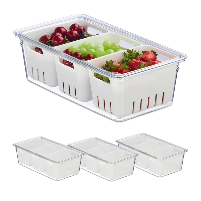 Relaxdays 4X Fridge, Stackable, 3 Draining Baskets, Food Organiser, Lid, 10 x 32 x 17.5 cm, Transparent/White