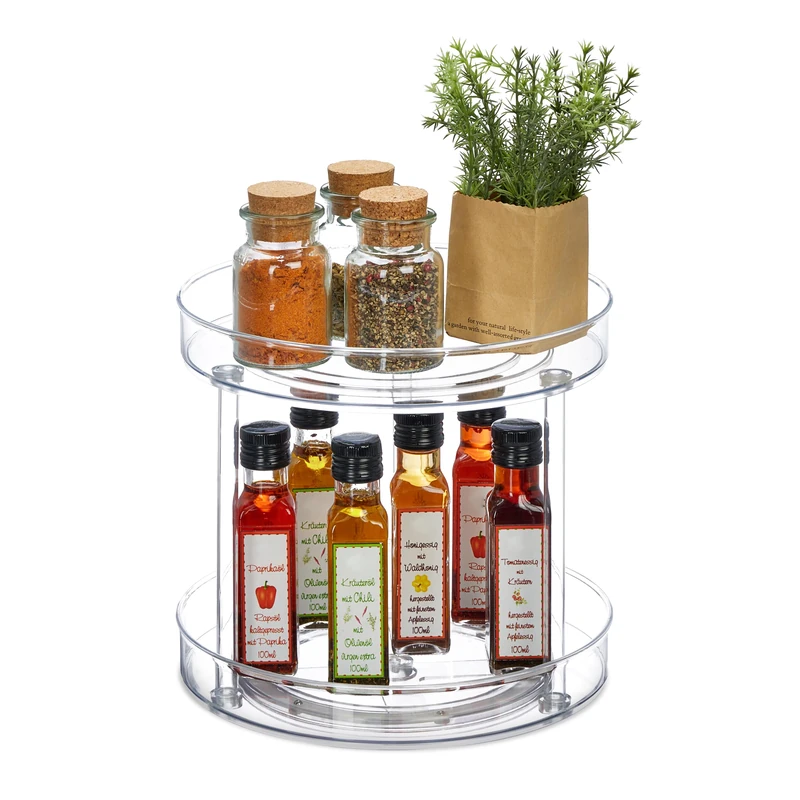 Relaxdays Turntable, 2-Tier, Ø 27 cm, Rotatable, Rotary Disc for Refrigerator, Cosmetics & Spices, Round, Transparent, 24 x 27 x 27 cm