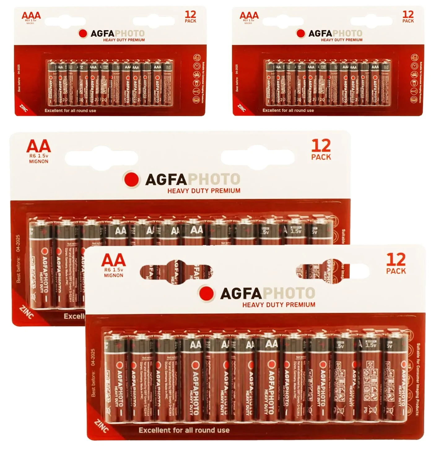 AgfaPhoto AA + AAA Batteries 48 Pack - Heavy Duty Premium Zinc Carbon 24 X AA 24 x AAA batteries 1.5v For Low drain devices | toys | fairy lights | household | remotes | Flashlights | Clocks |