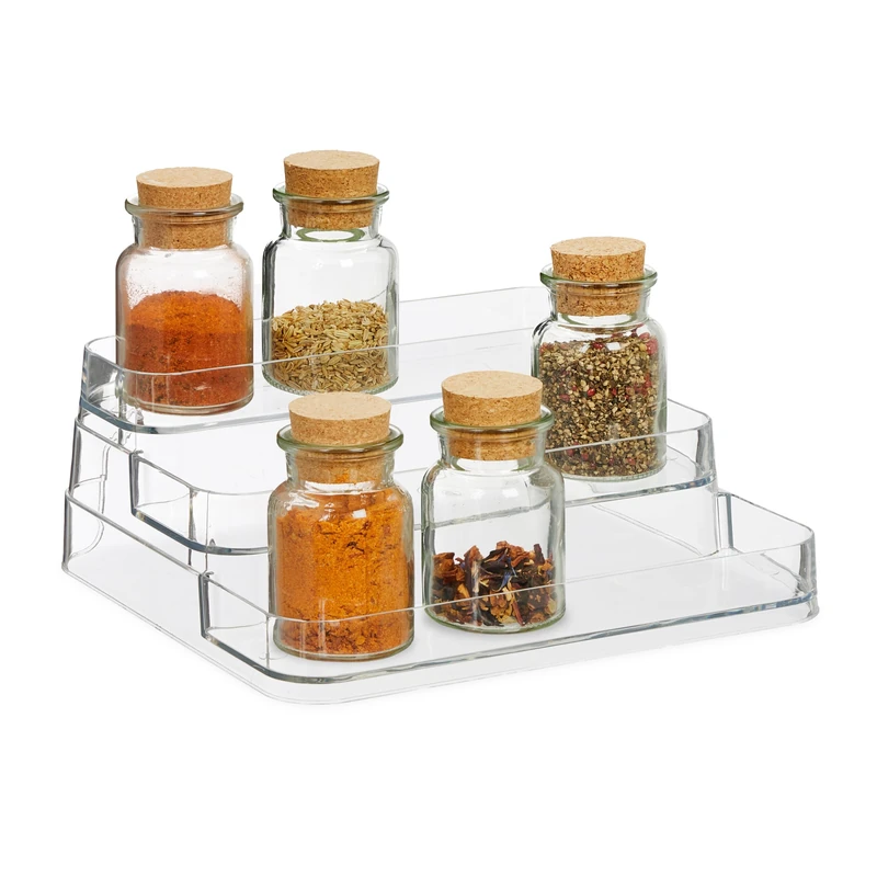 Relaxdays Spice Organiser, 3 Steps, Rack for Countertop, Storage Shelf, HxWxD: 10.5 x 26 x 24 cm, Plastic, Transparent