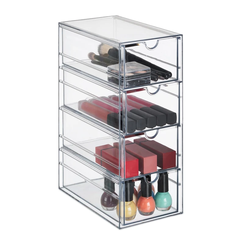 Relaxdays Cosmetics Organiser, 4 Drawers for Make Up, Office, Handicraft, Plastic, HWD: 25 x 10.5 x 17.5 cm, Transparent