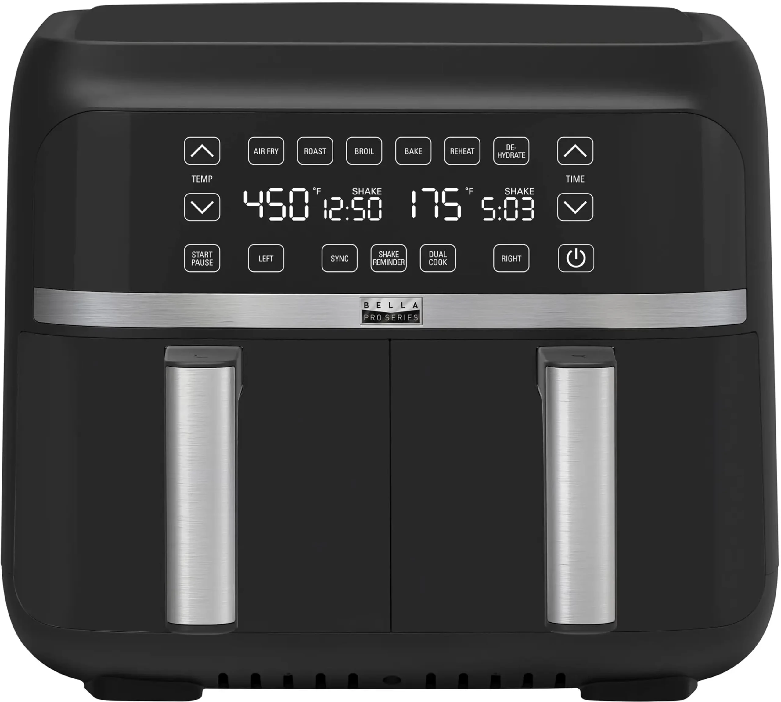 Bella 8L Dual Basket Air Fryer with Touchscreen, 8 Cooking Options, Adjustable Temperature, Auto Shutoff and Timer, Nonstick Cooking Trays, 2850 W, Black