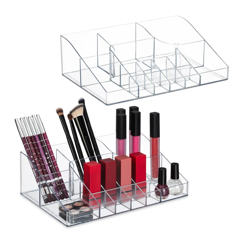 Relaxdays 2X Cosmetics Organiser, 14 Storage Compartments, 8 x 25.5 x 17.5 cm, Make-Up, Brushes, Plastic, Transparent