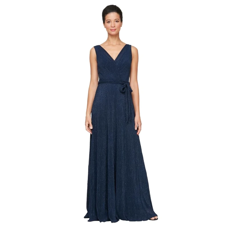 Alex Evenings Women's Sleeveless V-Neck Long A-line Dress Formal, Navy Glitter, 14