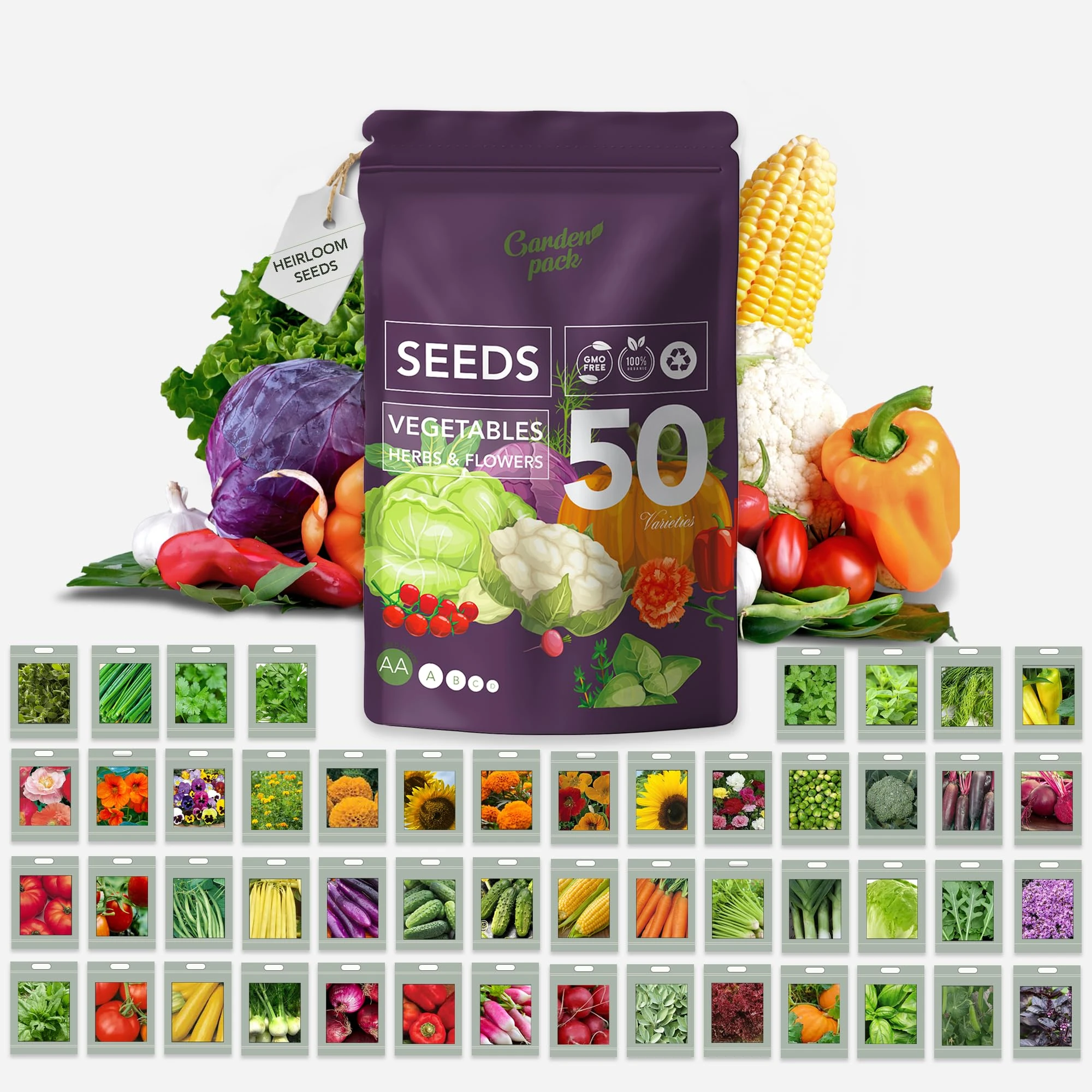Garden Pack Seeds Pouch - 50 Varieties of Herb, Flower & Vegetable Seeds for Planting - Grow Your Own Vegetable Garden - Gardening Gifts for Women and Men