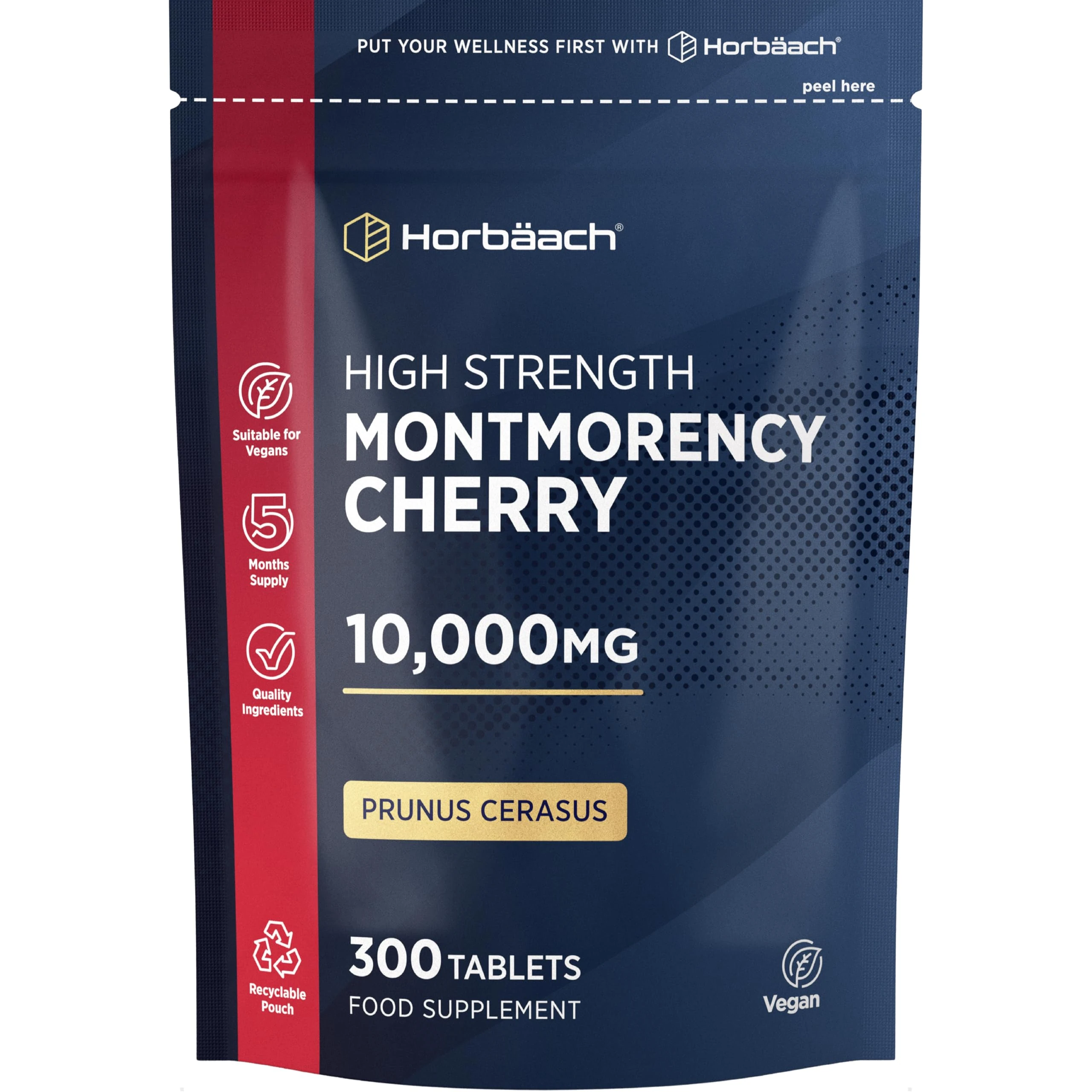 Montmorency Cherry Tablets 10,000mg | 300 Tart Cherry Active Pills - 5 Months Supply | 50:1 Natural Tart Cherry Extract Supplement for Men & Women | Vegan | by Horbaach