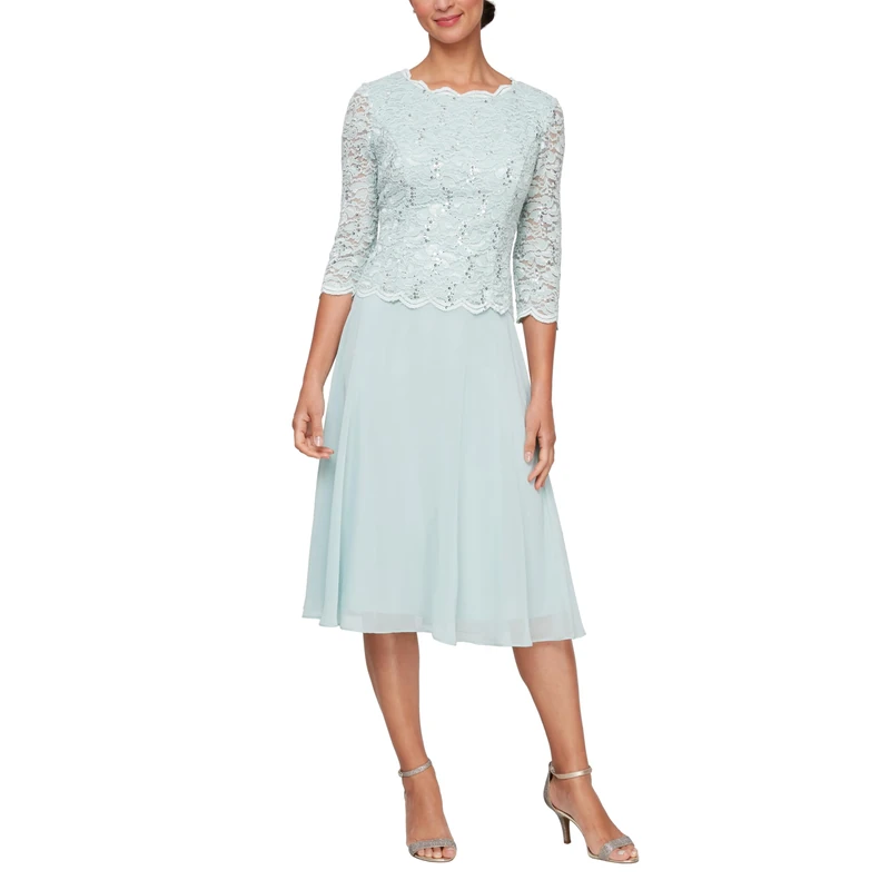 Alex Evenings Women's Tea Length Embroidered Bodice, Mother of The Bride Dress, Wedding Guest, (Petite and Regular Sizes) Special Occasion, Fresh Mint, 16