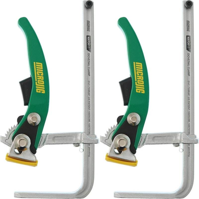 MICROJIG MatchFit Ratchet Clamp, 2-Pack | 7-Inch Capacity, Anti-Pivot Spring, Quick Release Trigger, No-Mar Clamp Pad, Compatible with Dovetail System & Track Saw Guide Rails, DVC-700RAPX2