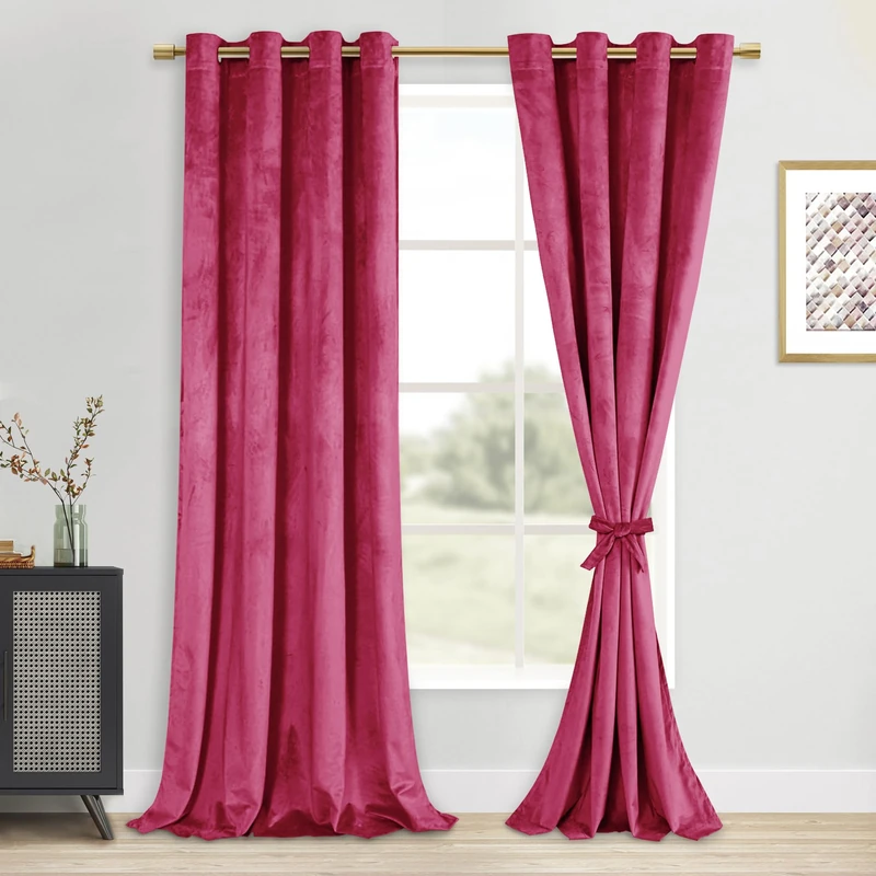 DWCN Velvet Curtains - 84 Inches Long Super Soft Luxury Tieable Room Darkening Privacy Protect Blackout Drapes for Bedroom Living Room Home Decor, W52 x L84, Berry, 2 Panels