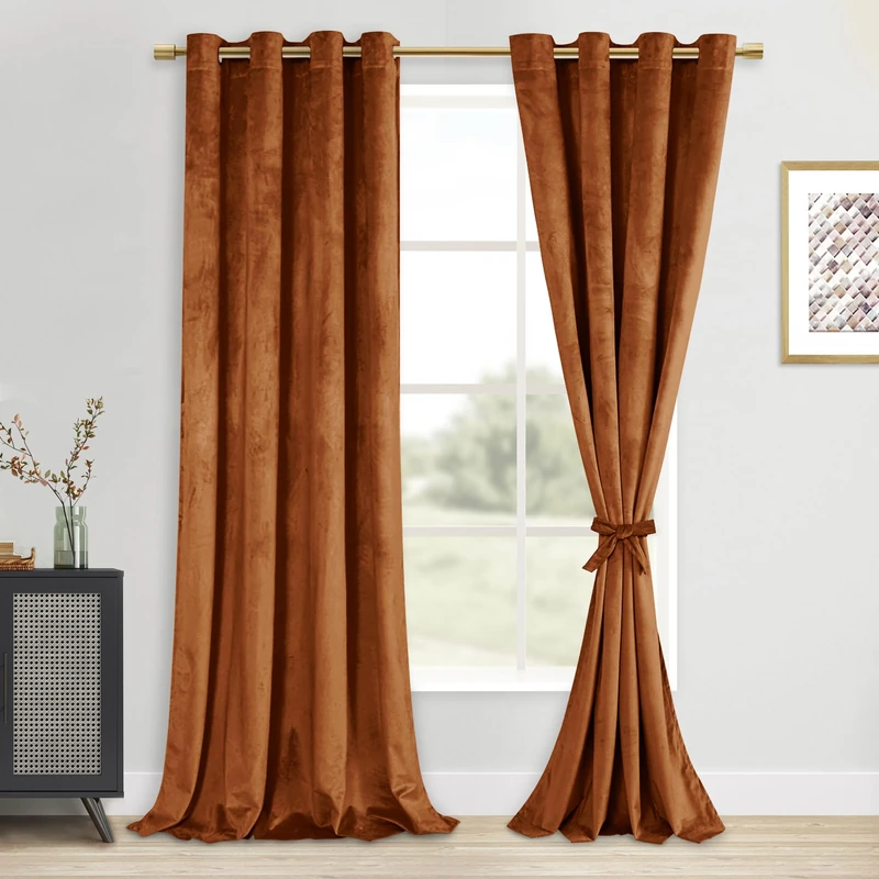 DWCN Velvet Curtains 96 Inches Long with Tiebacks - Thermal Insulated Grommet Tieable Blackout Room Darkening Privacy Protect Drapes for Bedroom Living Room, W52 x L96, Terracotta, 2 Panels