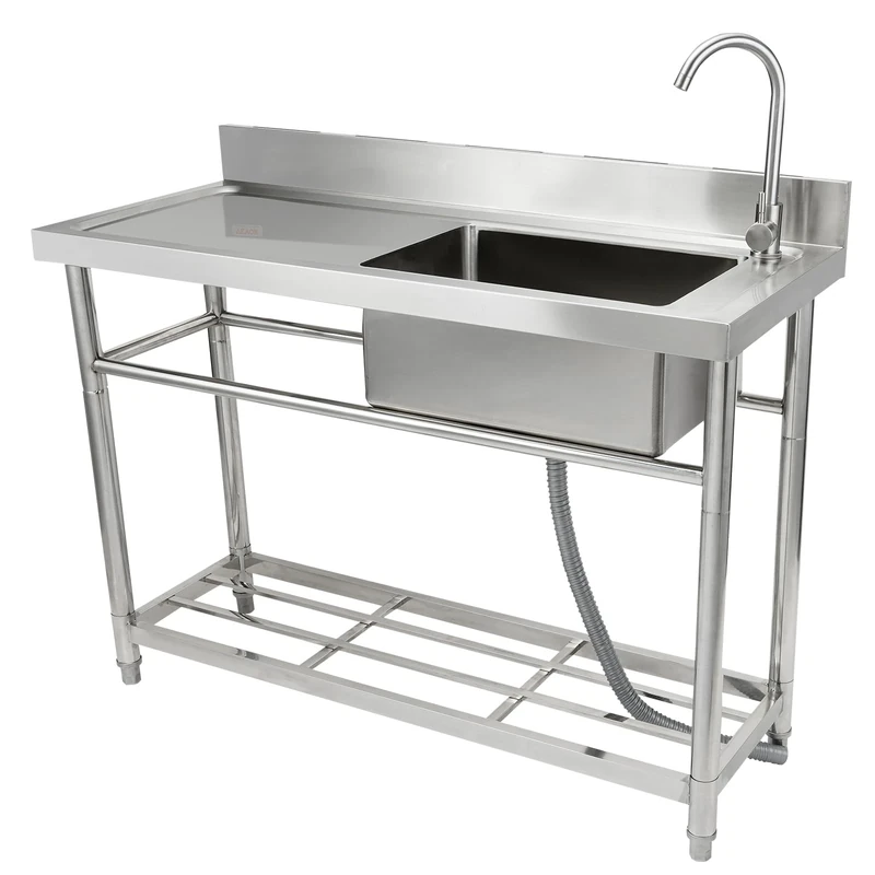 VEVOR Stainless Steel Utility Sink, Free Standing Single Bowl Commercial Kitchen Sink Set w/Workbench, 39.4 x 19.1 x 37.4 in Commercial Single Bowl Sinks for Garage, Restaurant, Laundry, NSF Certified