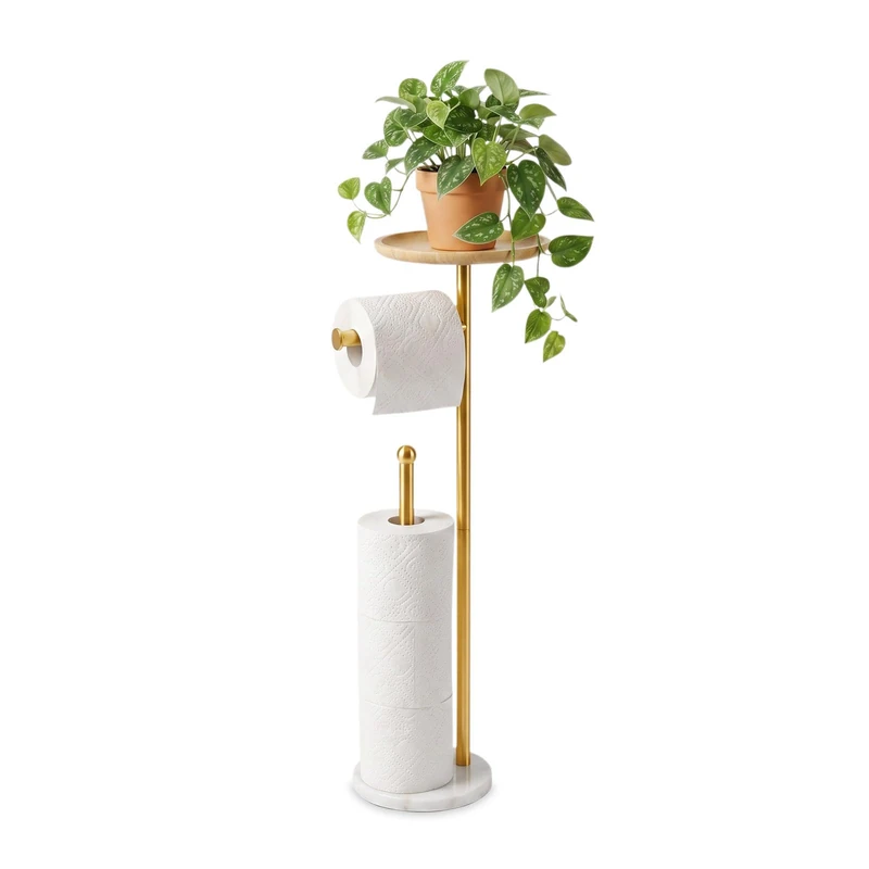 Gold Free Standing Toilet Paper Holder with Large 20cm Tray, 1kg Heavier Marble Base, Free Standing Paper Holder with Phone Shelf, Holds 5 Rolls of Paper