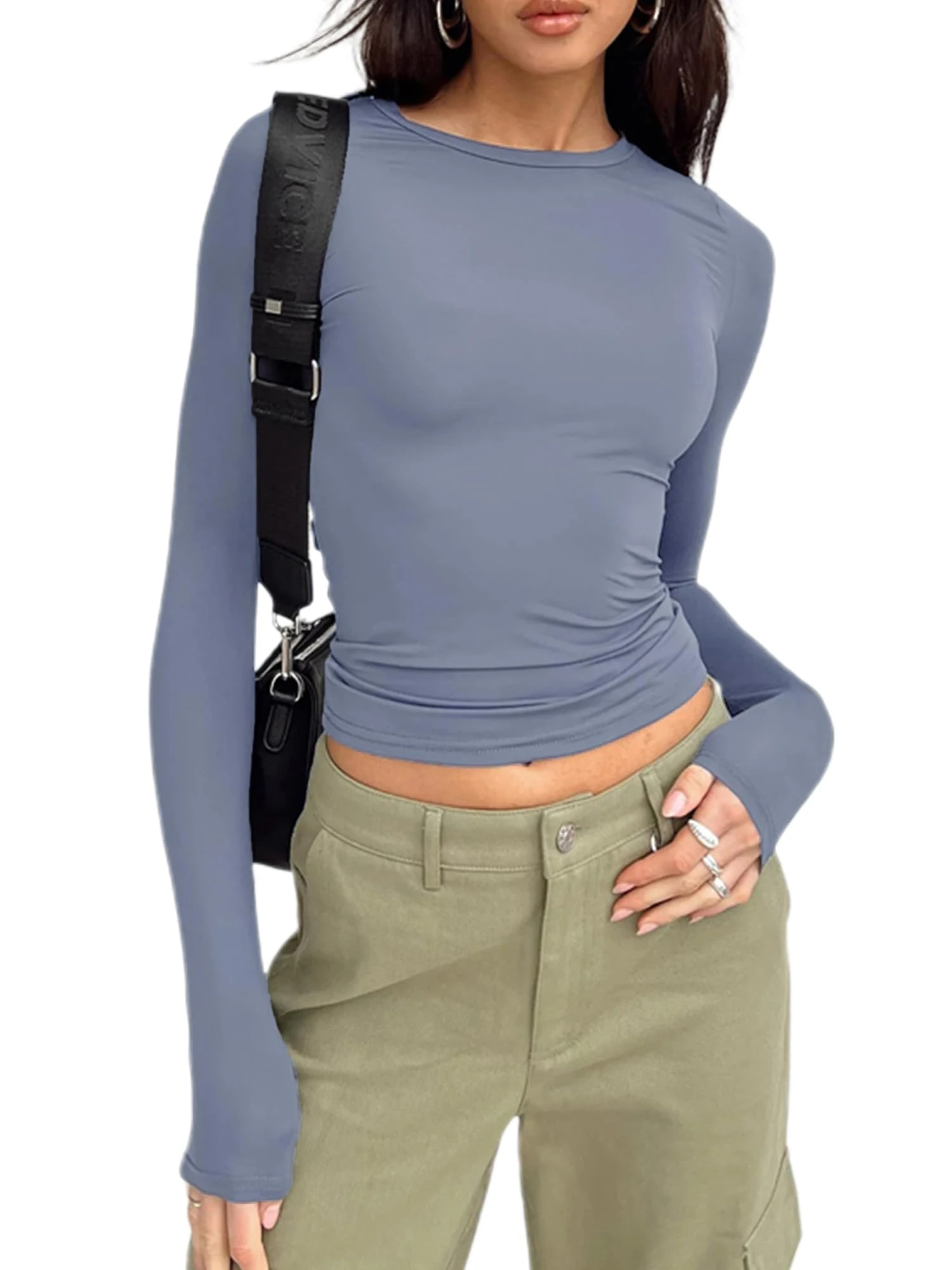 Women's Slim Fit Crop Tops Casual Solid Color Crew Neck Long Sleeve Tight T-Shirt Basic Blouse Tee Tops (Dusty Blue 1, M)