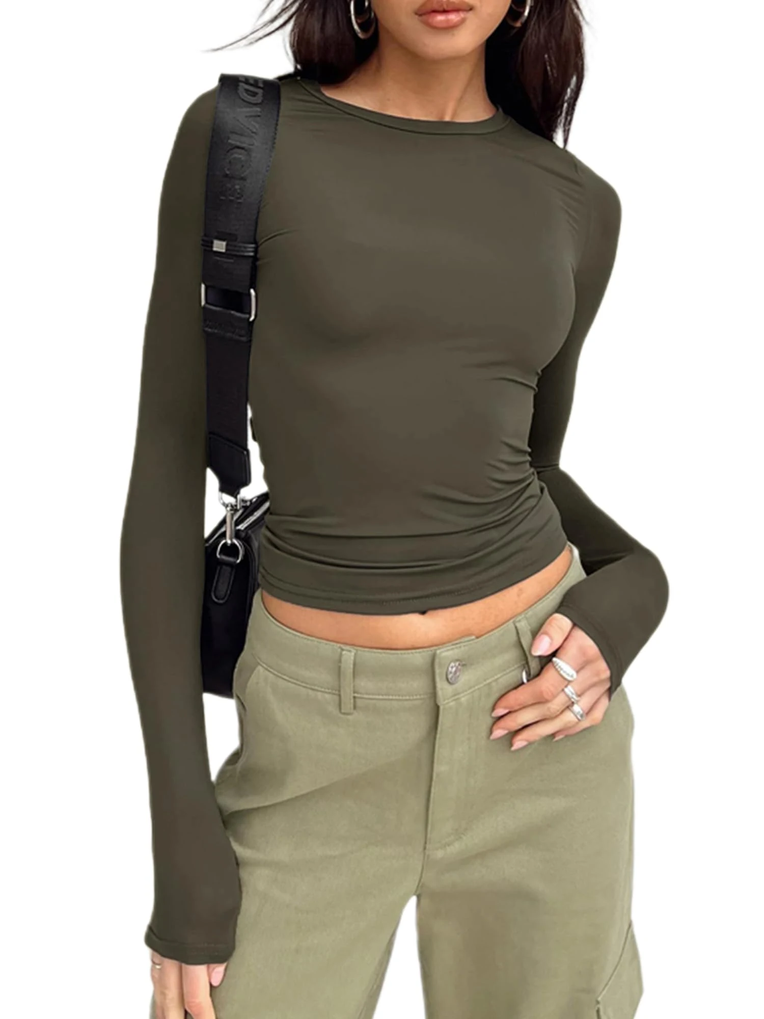Women's Slim Fit Crop Tops Casual Solid Color Crew Neck Long Sleeve Tight T-Shirt Basic Blouse Tee Tops (Dark Green, M)