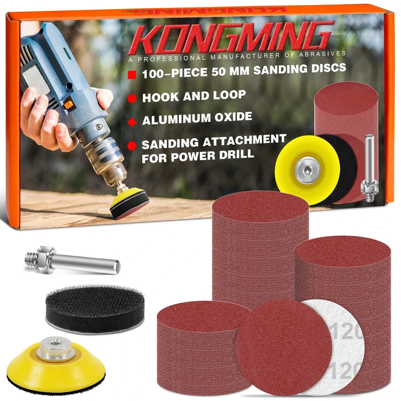 KONGMING 50mm Sanding Discs Hook and Loop 100 pcs Grit 120 for Drill Sanding Attachment