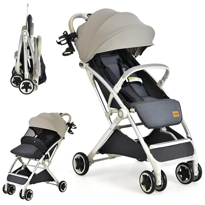 GYMAX Baby Foldable Stroller, Adjustable Backrest Pushchair with Safety Belt, Storage Basket, Leather Handle and Lockable Wheels, Toddler Pram Carriage for 0-3 Years Olds Infant Kids (Light Grey)