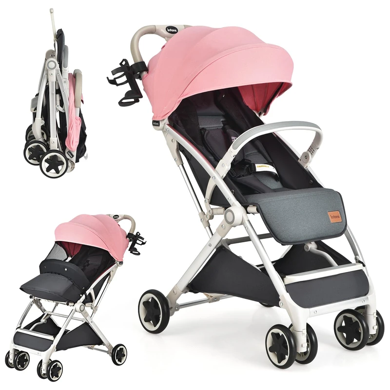 GYMAX Baby Foldable Stroller with Safety Belt, Storage Basket(Pink)