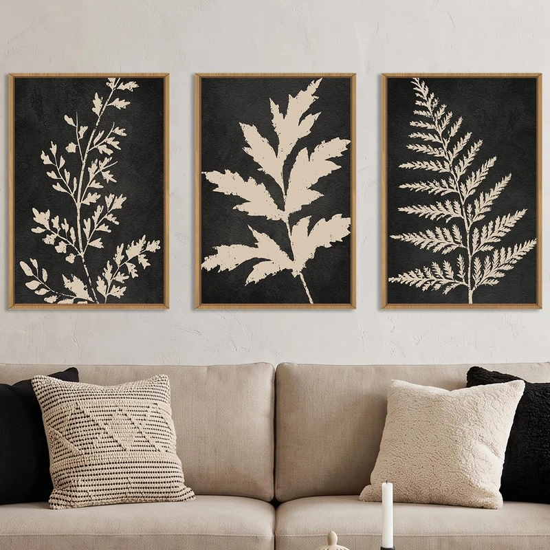 Ausril Black Tan Fern Leaf Framed Canvas Wall Art Set, Minimalist Botanical Wall Decor, Nature Fern Plant Silhouette Wall Painting, Modern Art Print for Living Room, Bedroom, Office 16"x24"x3
