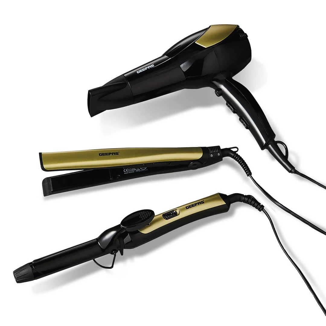 Geepas 3-in-1 Hair Dryer, Curler & Straightener Combo Set | 2200W Hairdryer with 2 Speed & 3 Heat, Concentrator | Hairstyling Tool with PTC Heater, Swivel Cord & Hanging Loop
