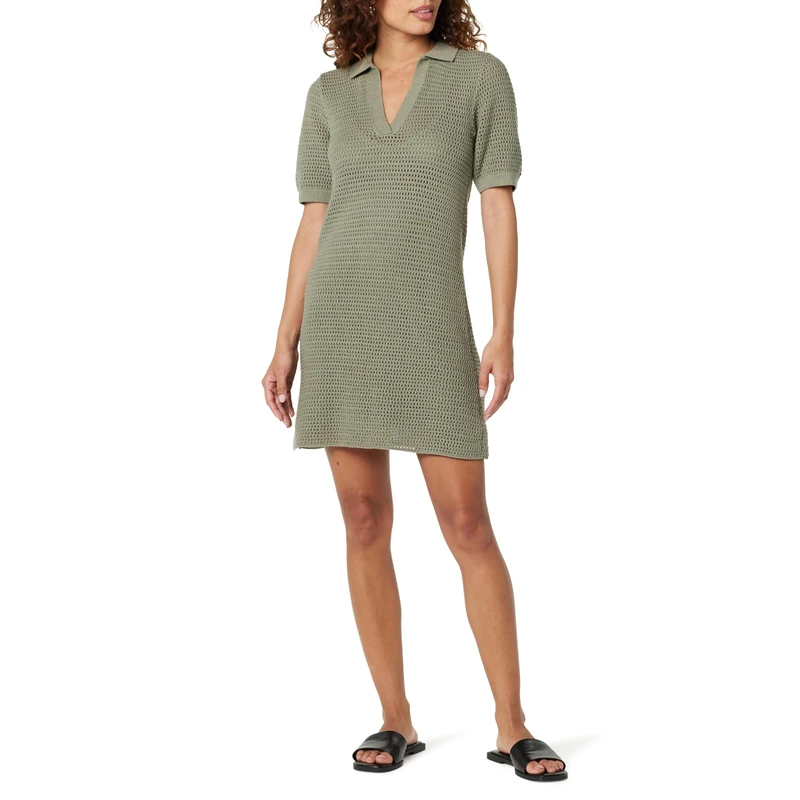 The Drop Melia Collared Crochet Micro Mini Dress, Vetiver, XL