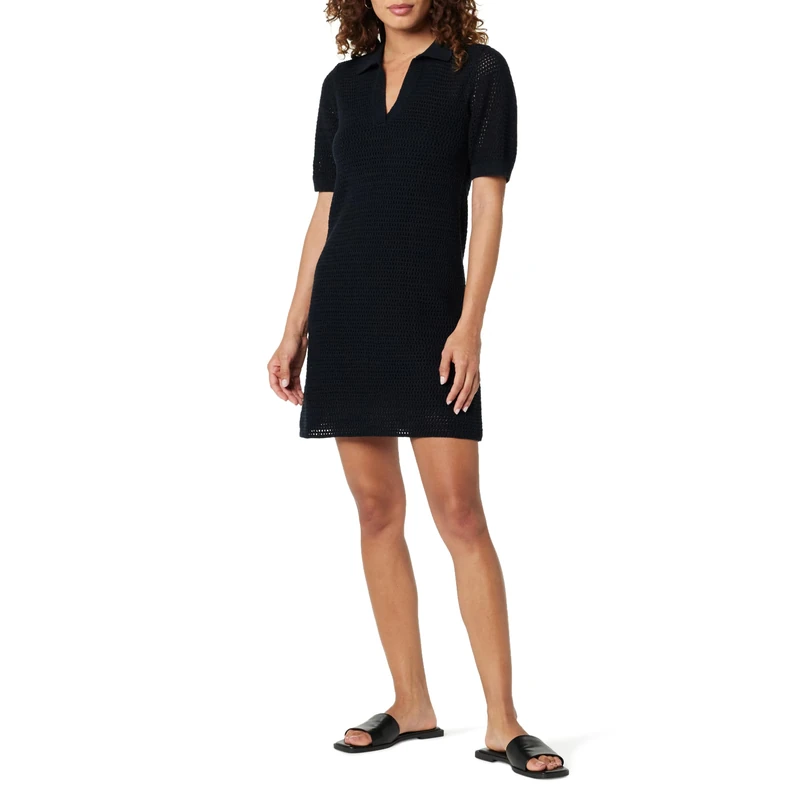 The Drop Melia Collared Crochet Micro Mini Dress, Black, M