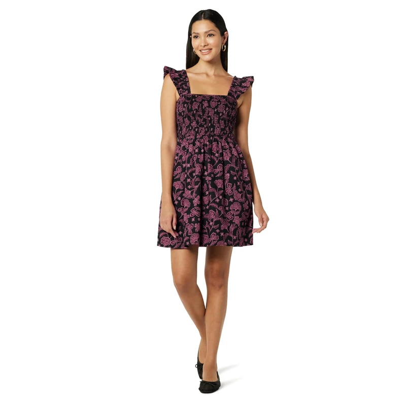 The Drop Women's Kari Ruffled-Shoulder Smocked Mini Dress Black/Pink Paisley Print, XXL, Plus Size
