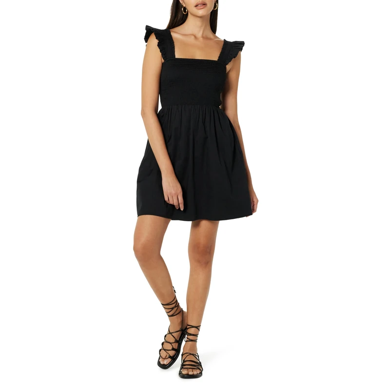 The Drop Women's Kari Ruffled-Shoulder Smocked Mini Dress Black, XL