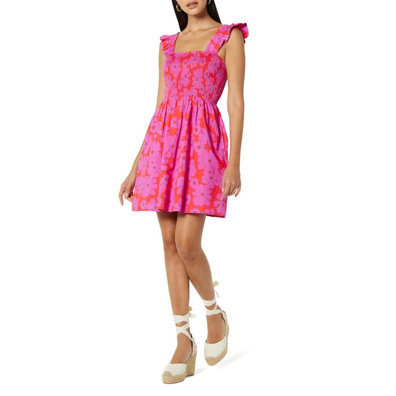 The Drop Women's Kari Ruffled-Shoulder Smocked Mini Dress Tomato Red/Pink Retro Floral Print, M