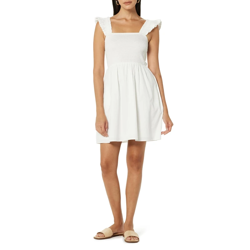 The Drop Women's Kari Ruffled-Shoulder Smocked Mini Dress White, XXL, Plus Size