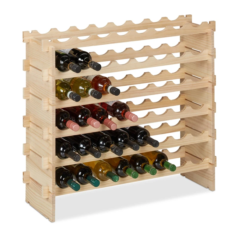 Relaxdays Wine Rack, for 48 Bottles, Stackable Shelf for Beverages, Bar, HWD: 73 x 82 x 25 cm, Expandable, Wood, Natural