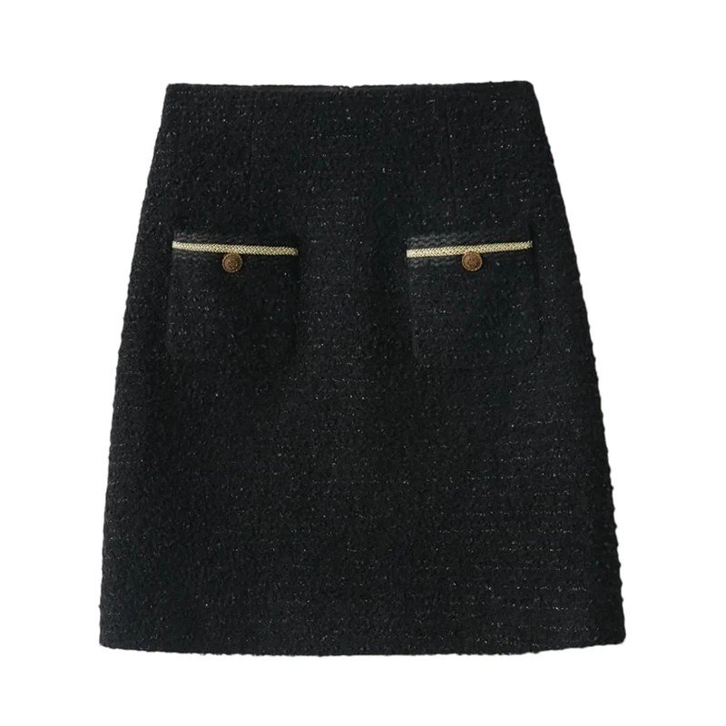 Solid Wool Blended Skirt for Women Usiness Black Waist A-Line Mini Skirt Autumn Winter Black S
