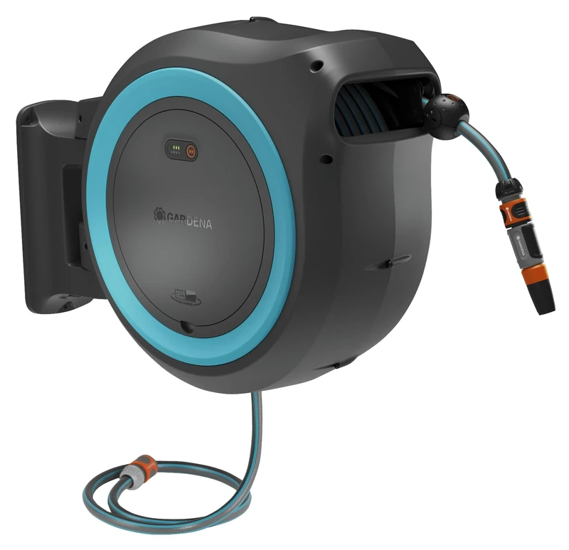 Gardena Battery-Powered Wall-Mounted Hose Box PowerRoll XXL Solo: Reel with 40m Garden Hose and Automatic roll-up, Hose Guide and RollControl. Battery-Powered. UV and Frost-Resistant (18645-55)