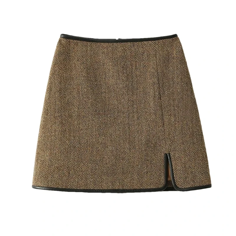 Hndudnff Wool A-Line Skirt Women's Irregular Split Zipper Short Commuting Mini Skirt Autumn Winter Tea Brown L
