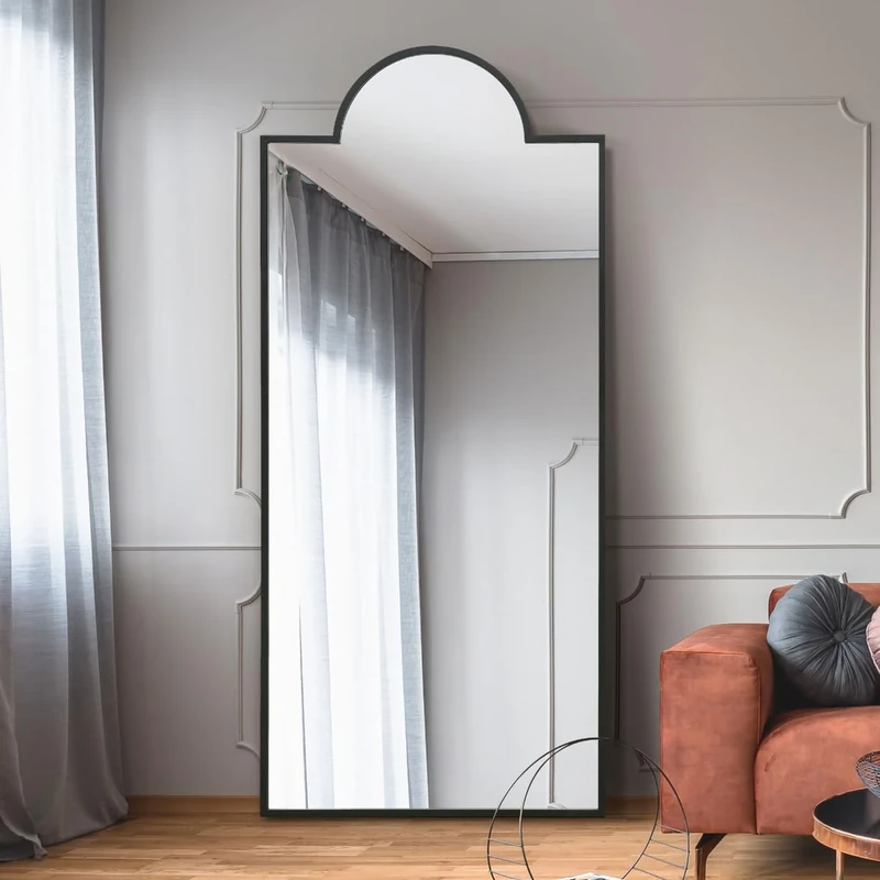MirrorOutlet The Fenestra - Black Modern Modern Leaner and Wall Mirror 75" X 33" (190CM X 85CM) Silver Mirror Glass with Black Metal Frame with Feature Edge. Landscape or Portrait.