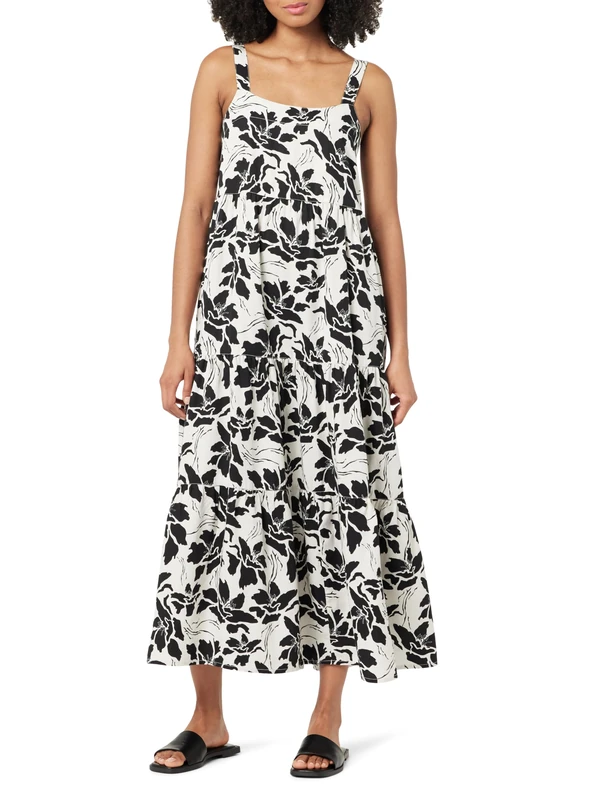 The Drop Women’s Britt Tiered Maxi Tent Dress, Black/White Floral Print, M