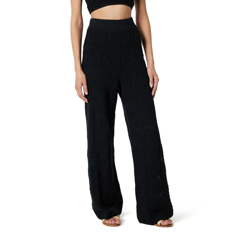 The Drop Women’s Diza Pull on Flare Leg Crochet Pant, Black, L
