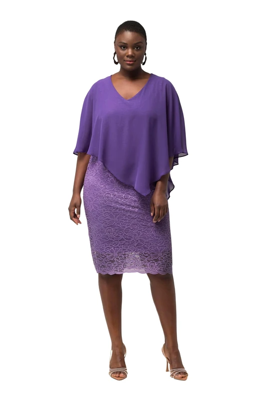 Ulla Popken Women's Chiffon Overlay Lace Occasion Dress, Purple, 32/34