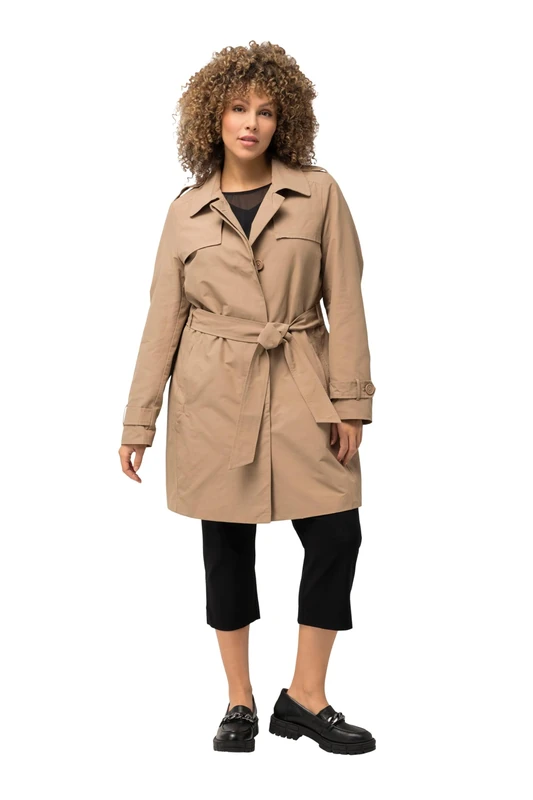 Ulla Popken Women's Trenchcoat, A-Linie, Hemdkragen, Bindegürtel, Braun, 42-44
